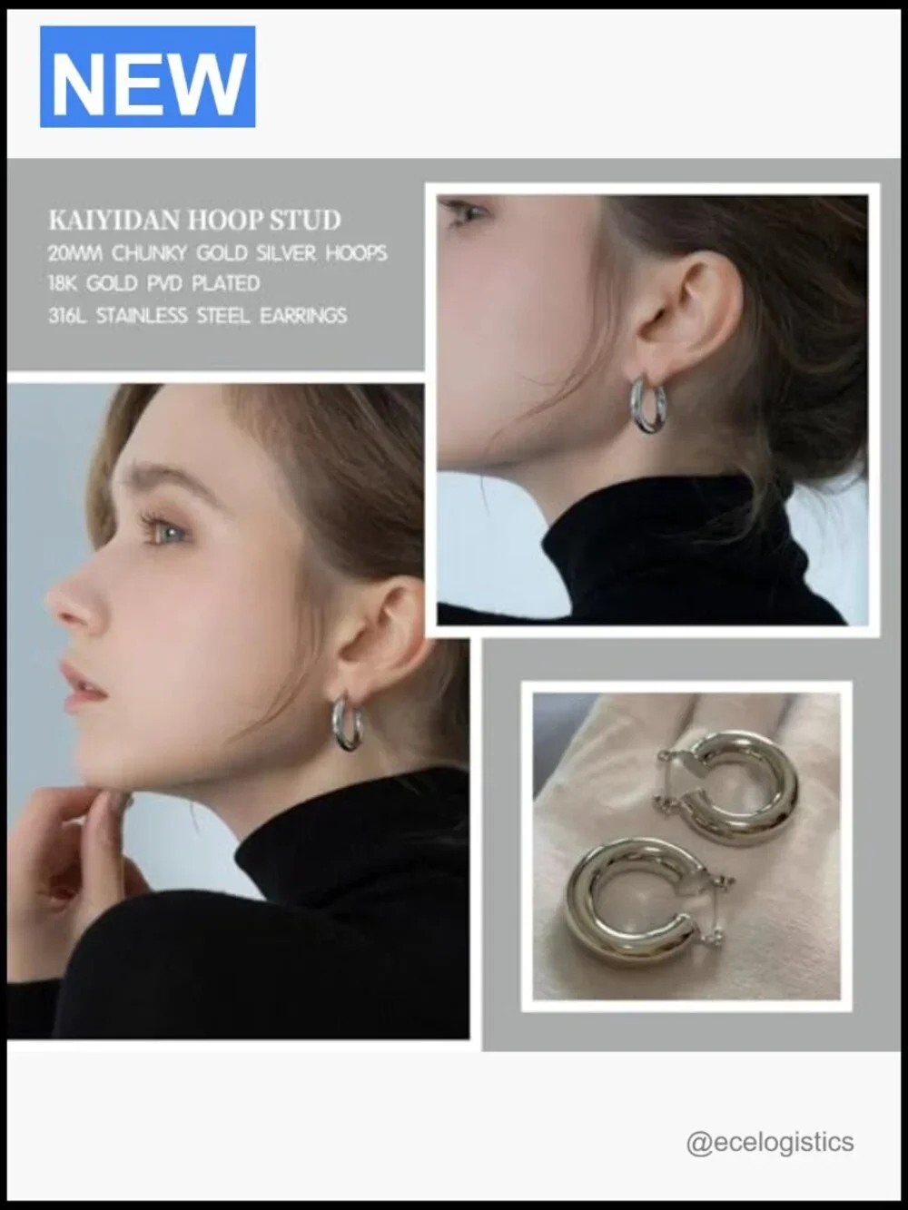 2 Pair Chunky Huggie Hoop Earrings Set Gold Silver Oval Twisted